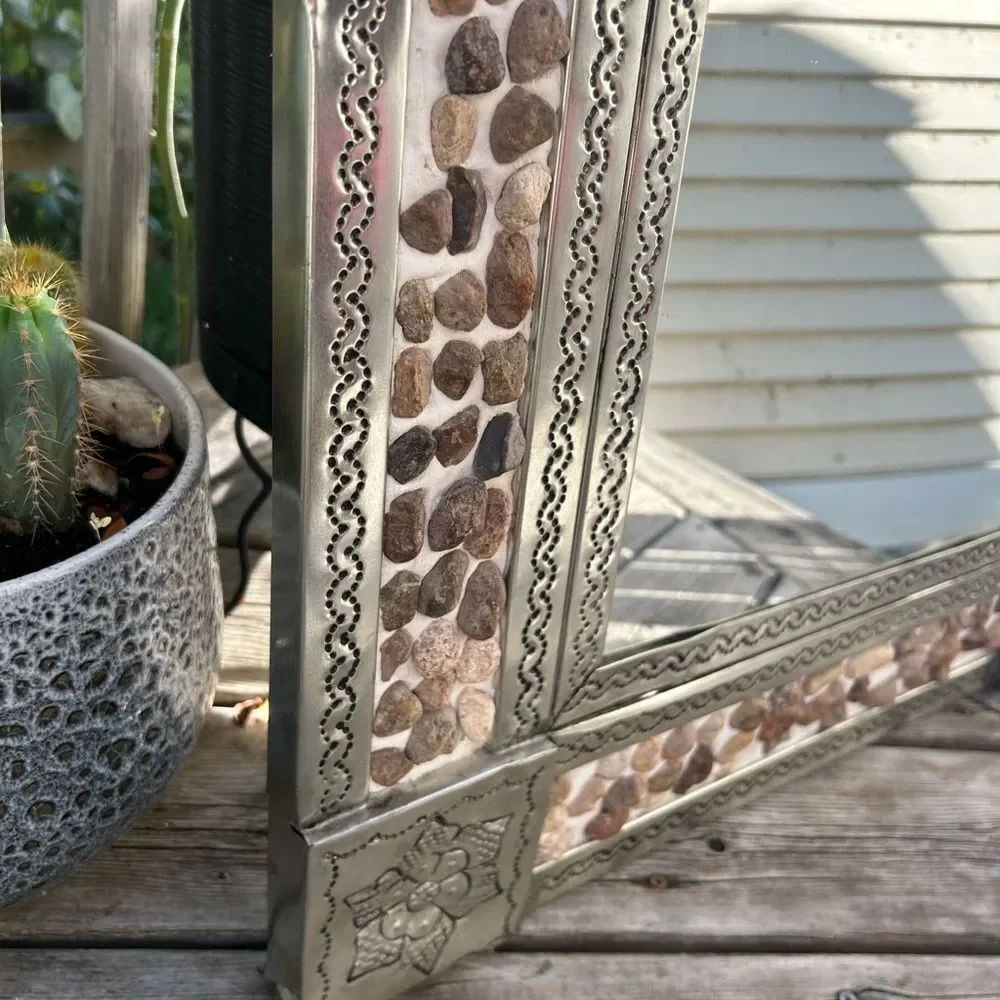 Mexican Tin Mirror Handcrafted - Rocks & Flowers 29" x 25" - Picture 11 of 16